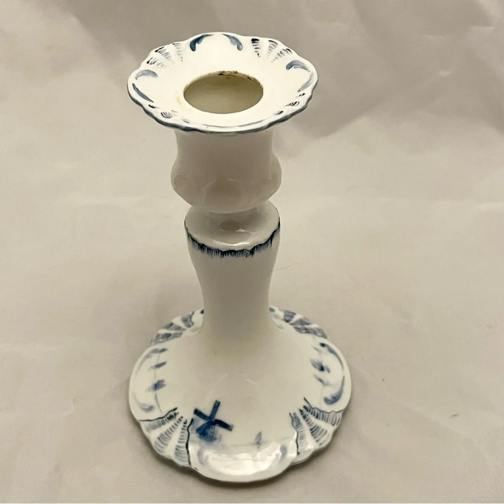 Farmhouse Style Candlestick, Blue & White Windmills, Signed on Bottom, VTG EUC